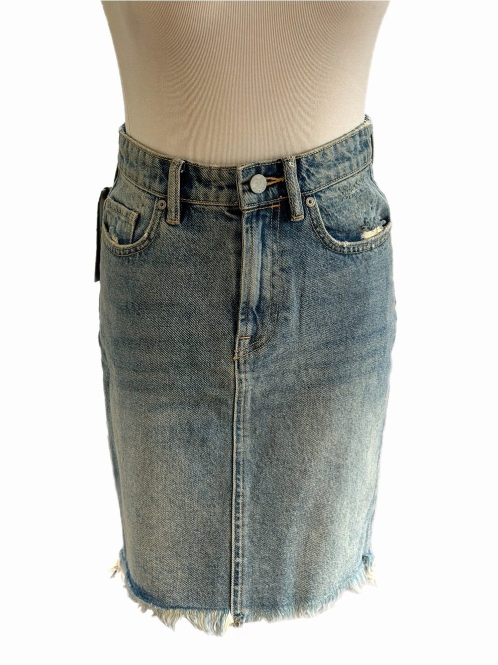 NWT AllSaints Kim Light-Wash Distressed Denim Jean Mini Skirt – Raw Frayed Hem –